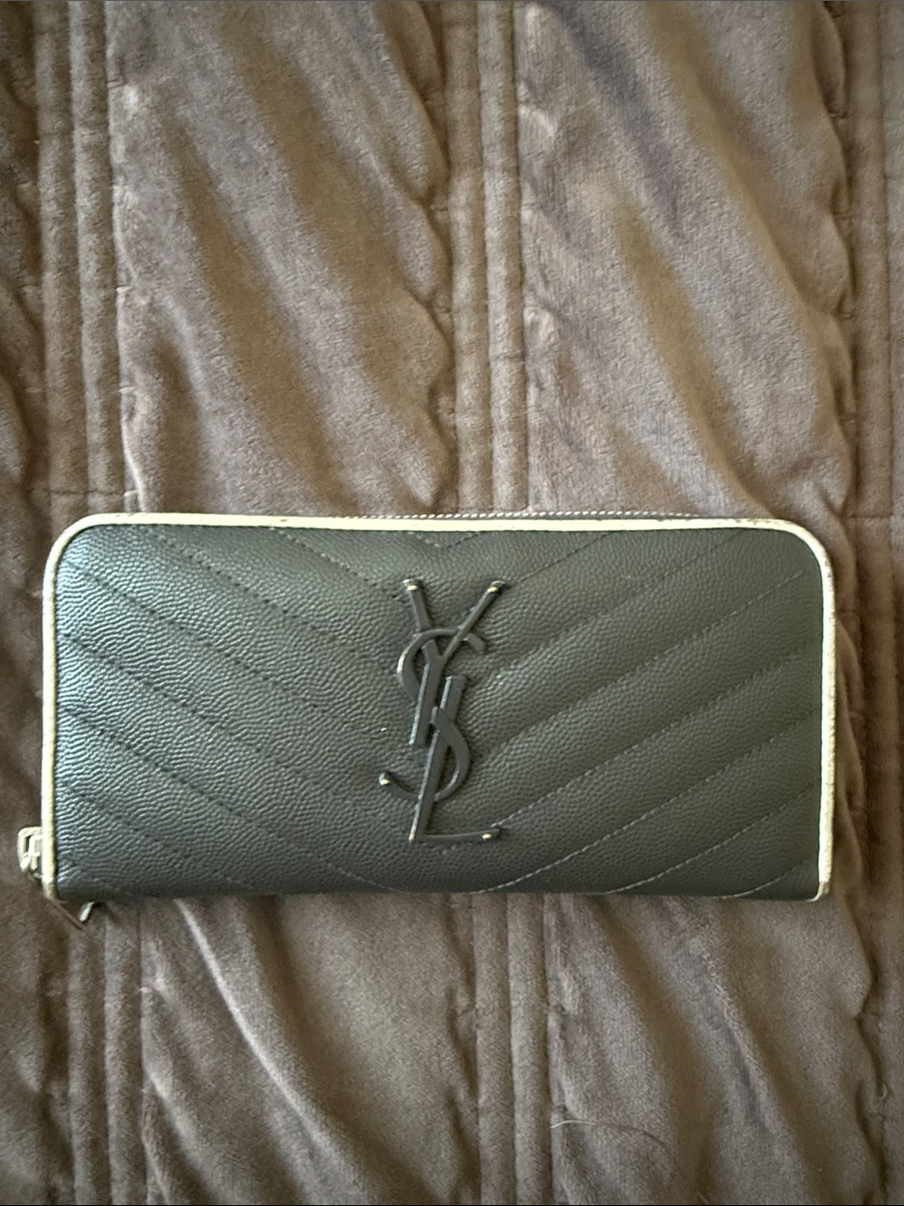 Yves Saint Laurent grey Chevron Quilted Zip Wallet with white